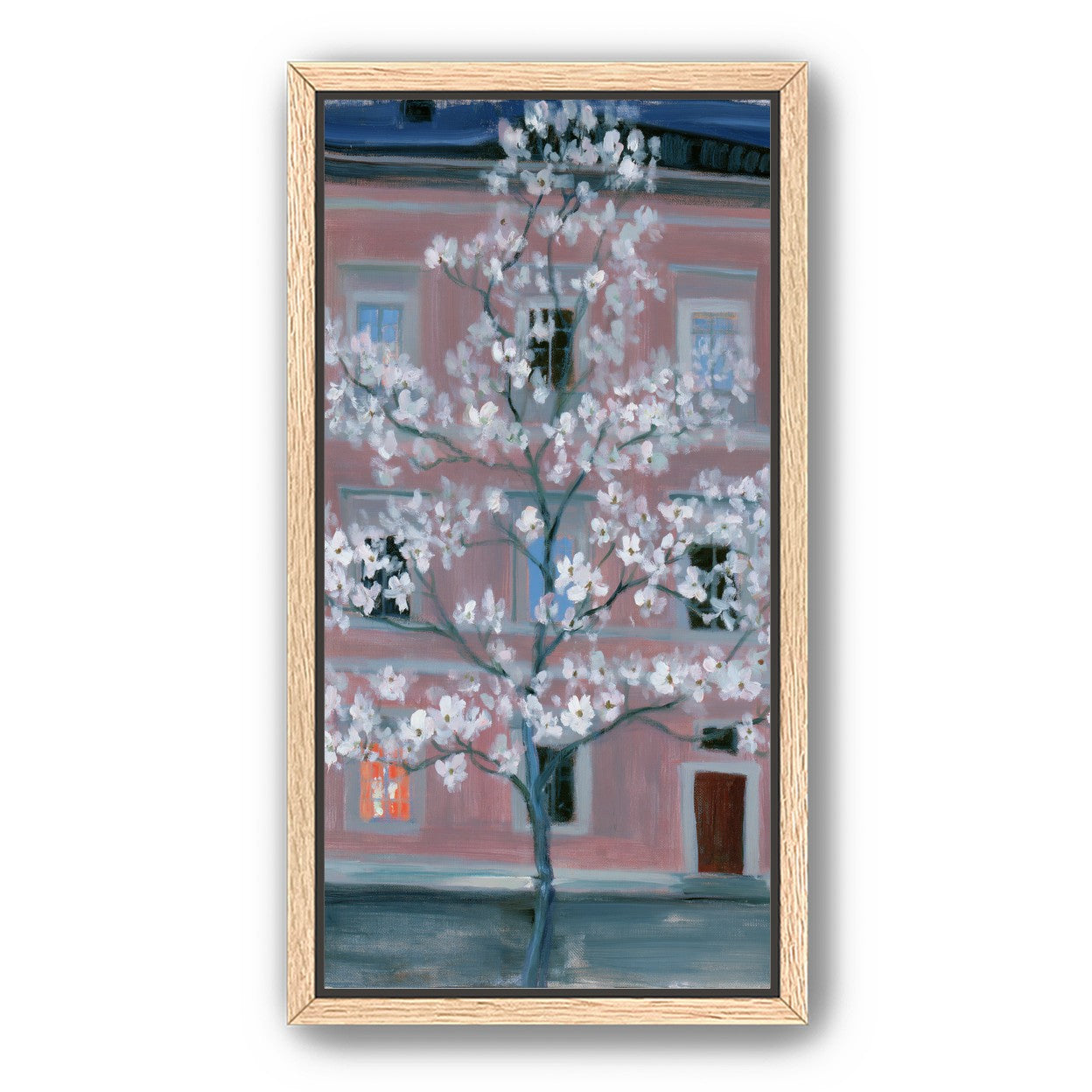 White blossoms against the pink house