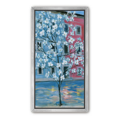 White blossoms across blue and pink