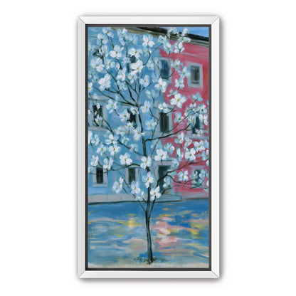 White blossoms across blue and pink