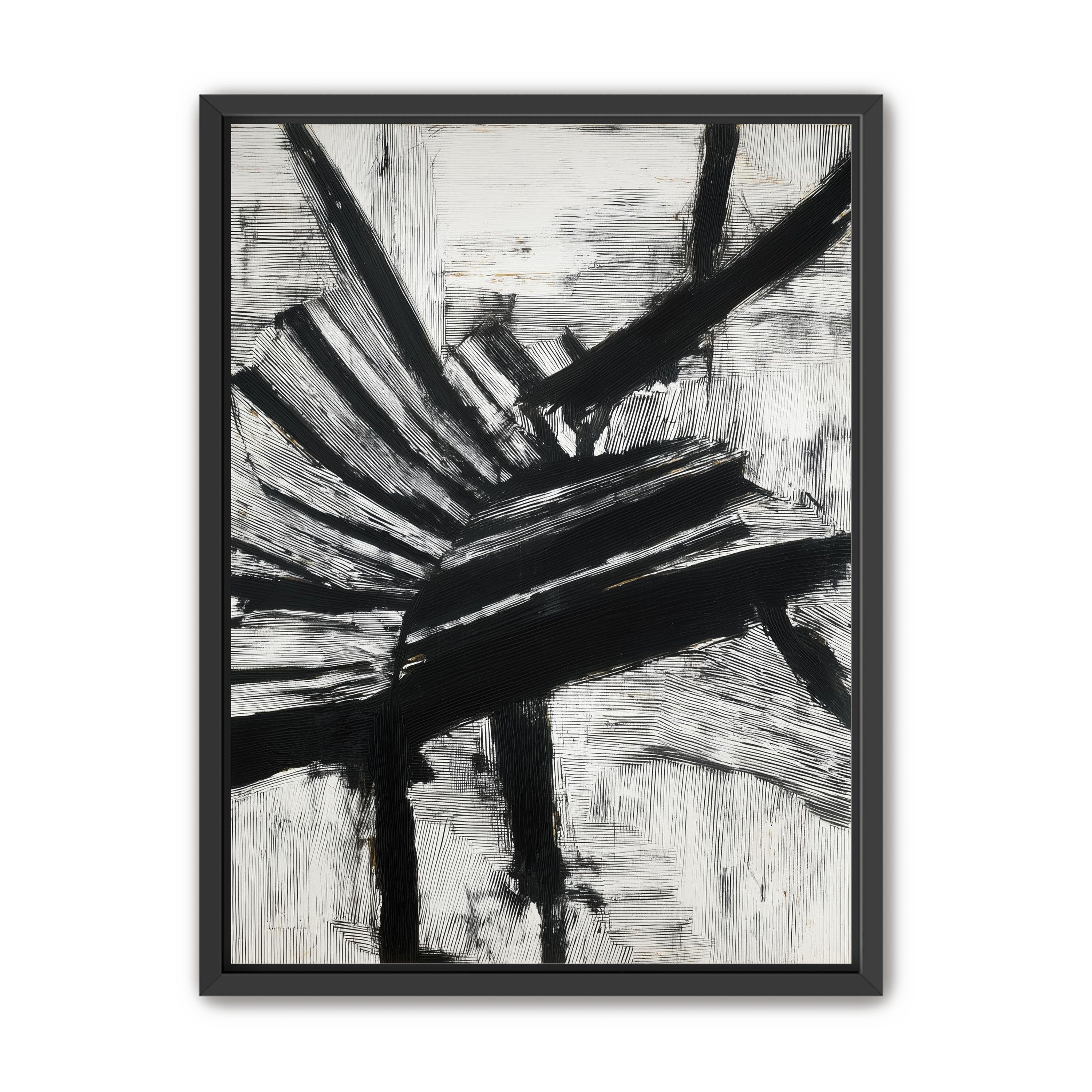 Non-Representational: Thick black brushstrokes cross and stack over a white surface filled with fine scratched lines.