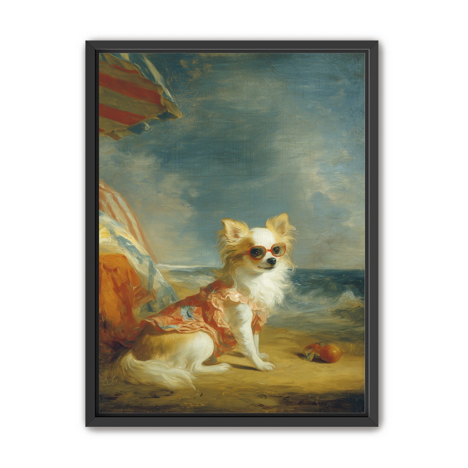 Seaside dog in red sunglasses