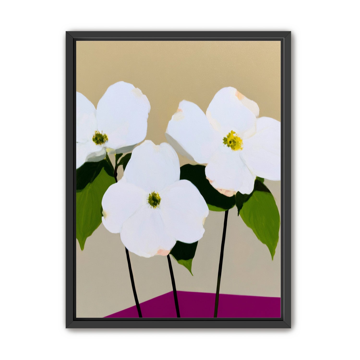 Three white flowers above purple