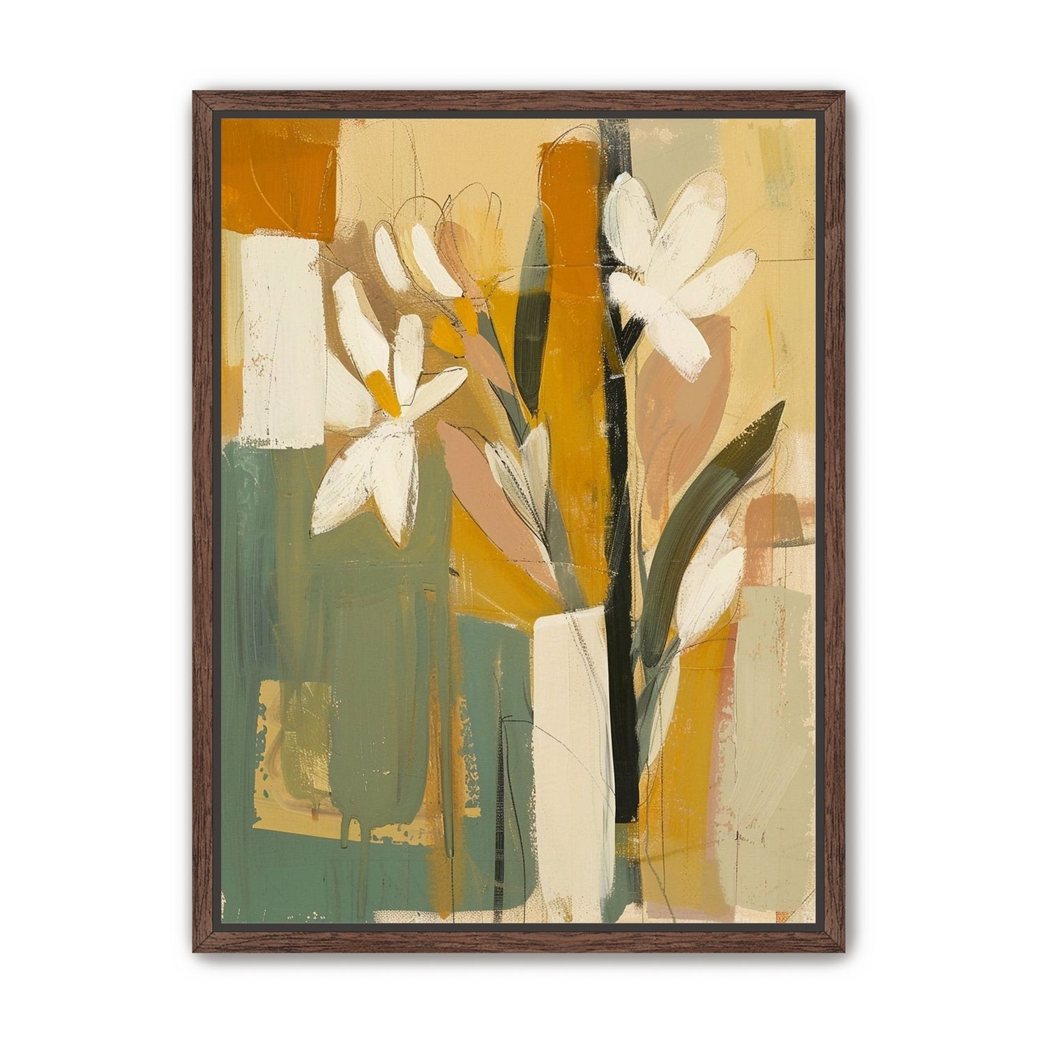 White flowers in ochre blocks
