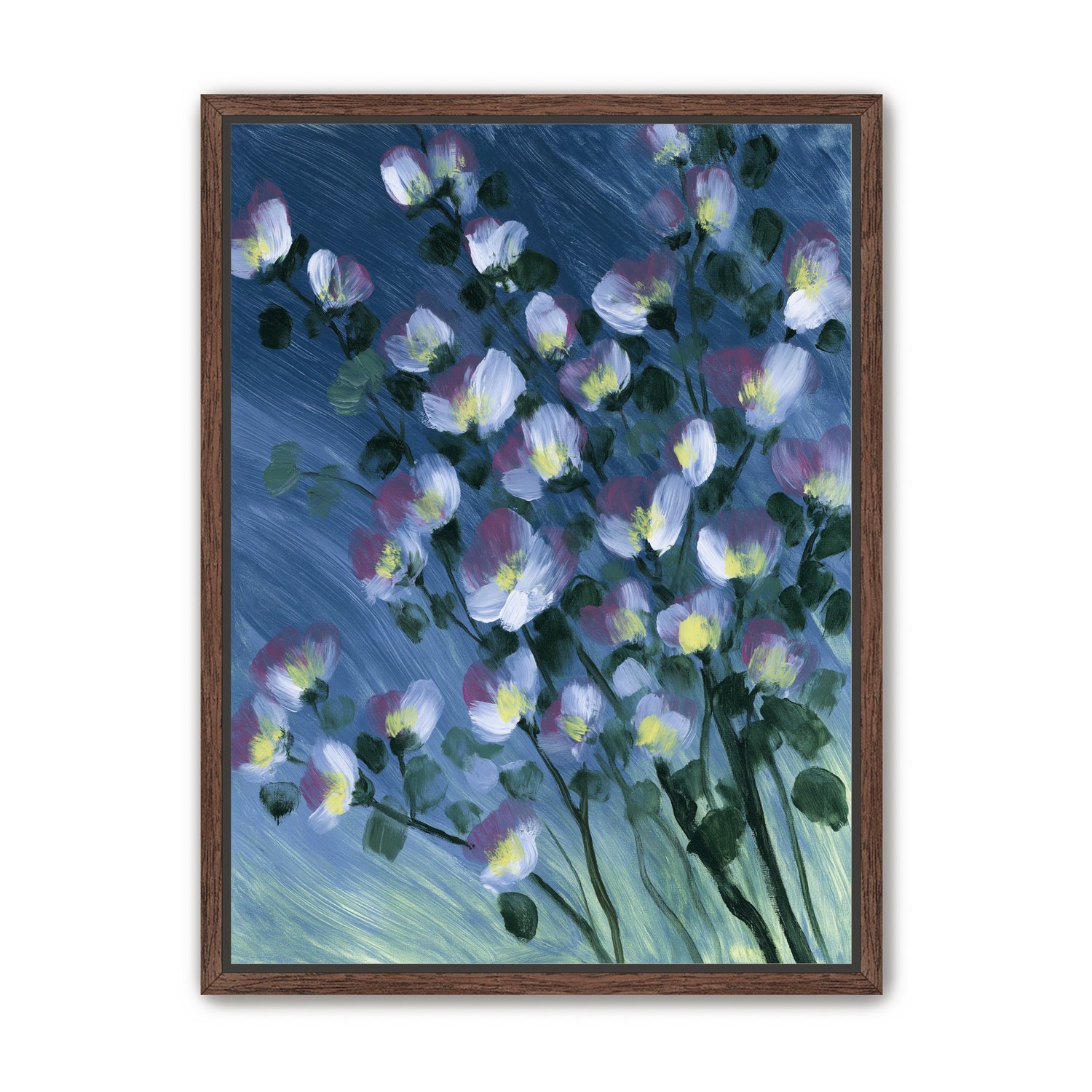 White blossoms on blue field