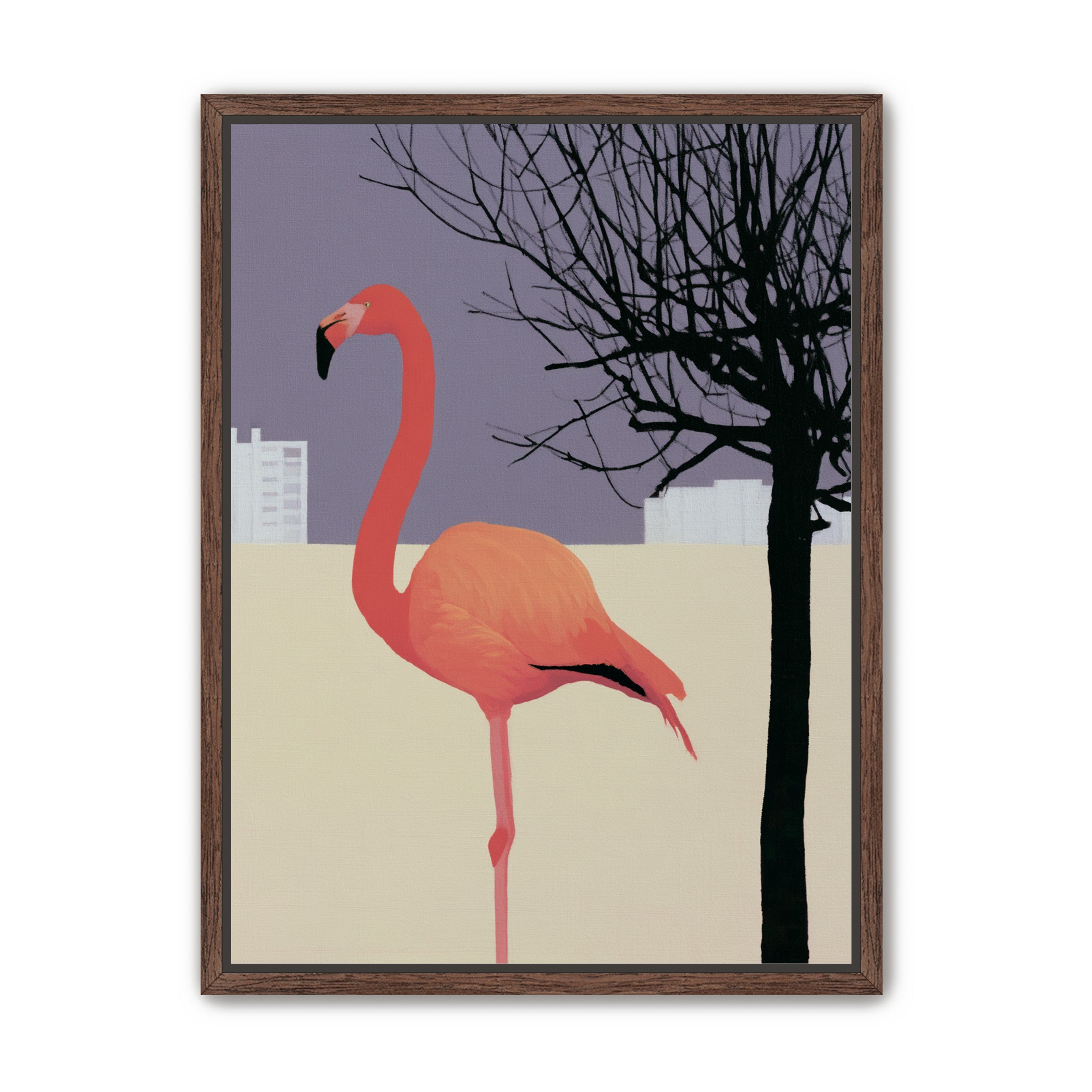 A flamingo beside the bare tree