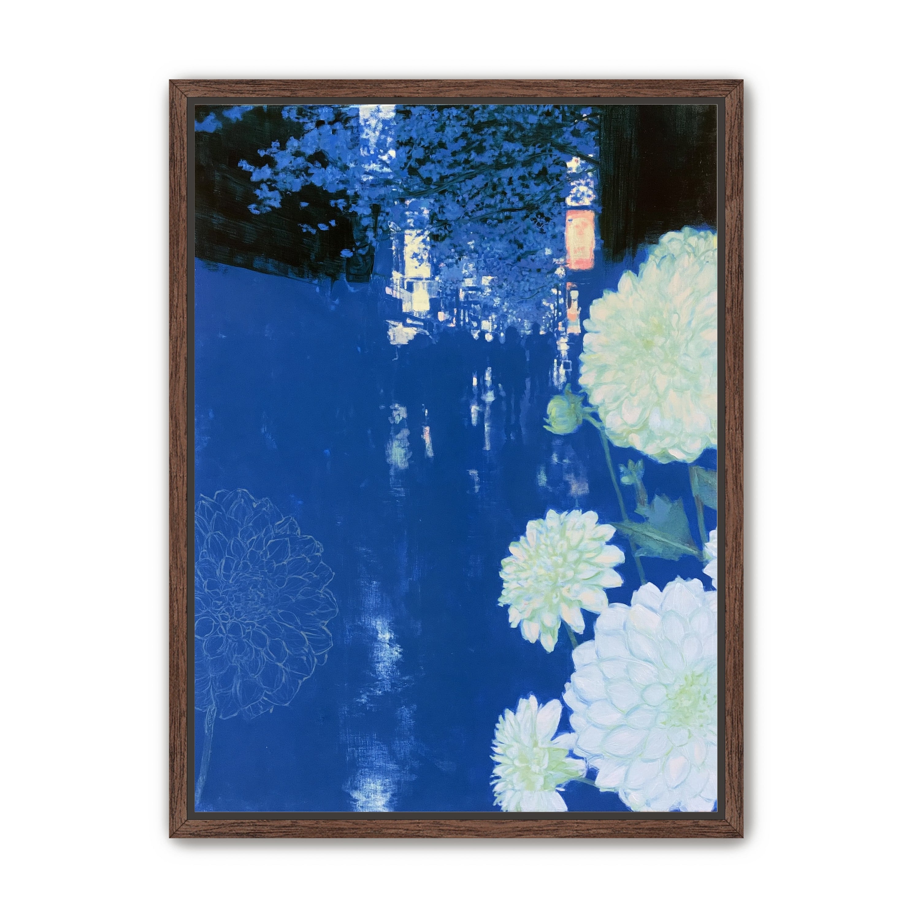 White blooms on blue canal
