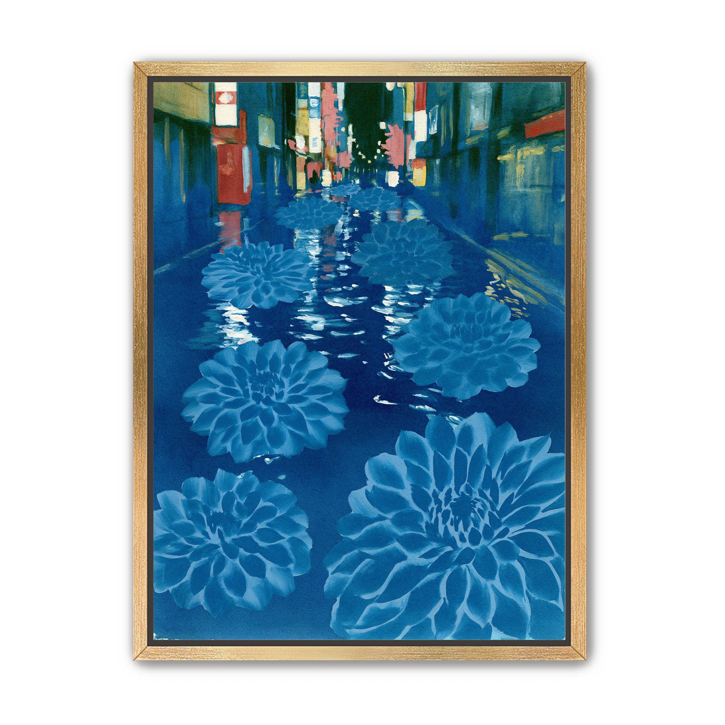 Neon spills into blue floodwater