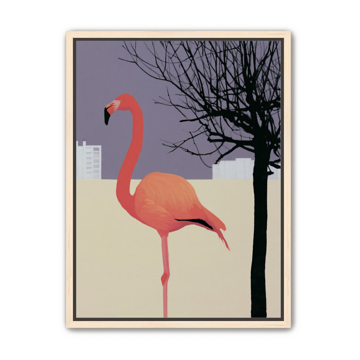 A flamingo beside the bare tree