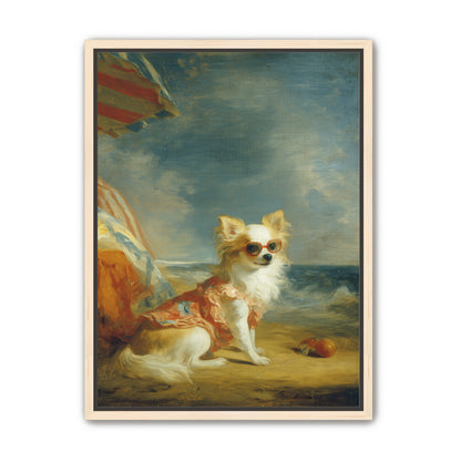 Seaside dog in red sunglasses
