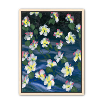 White flowers across deep blue