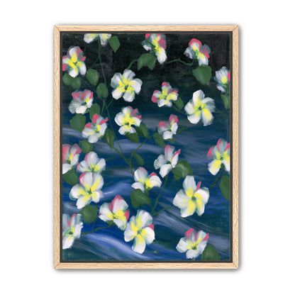White flowers across deep blue