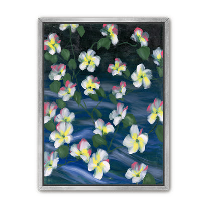 White flowers across deep blue