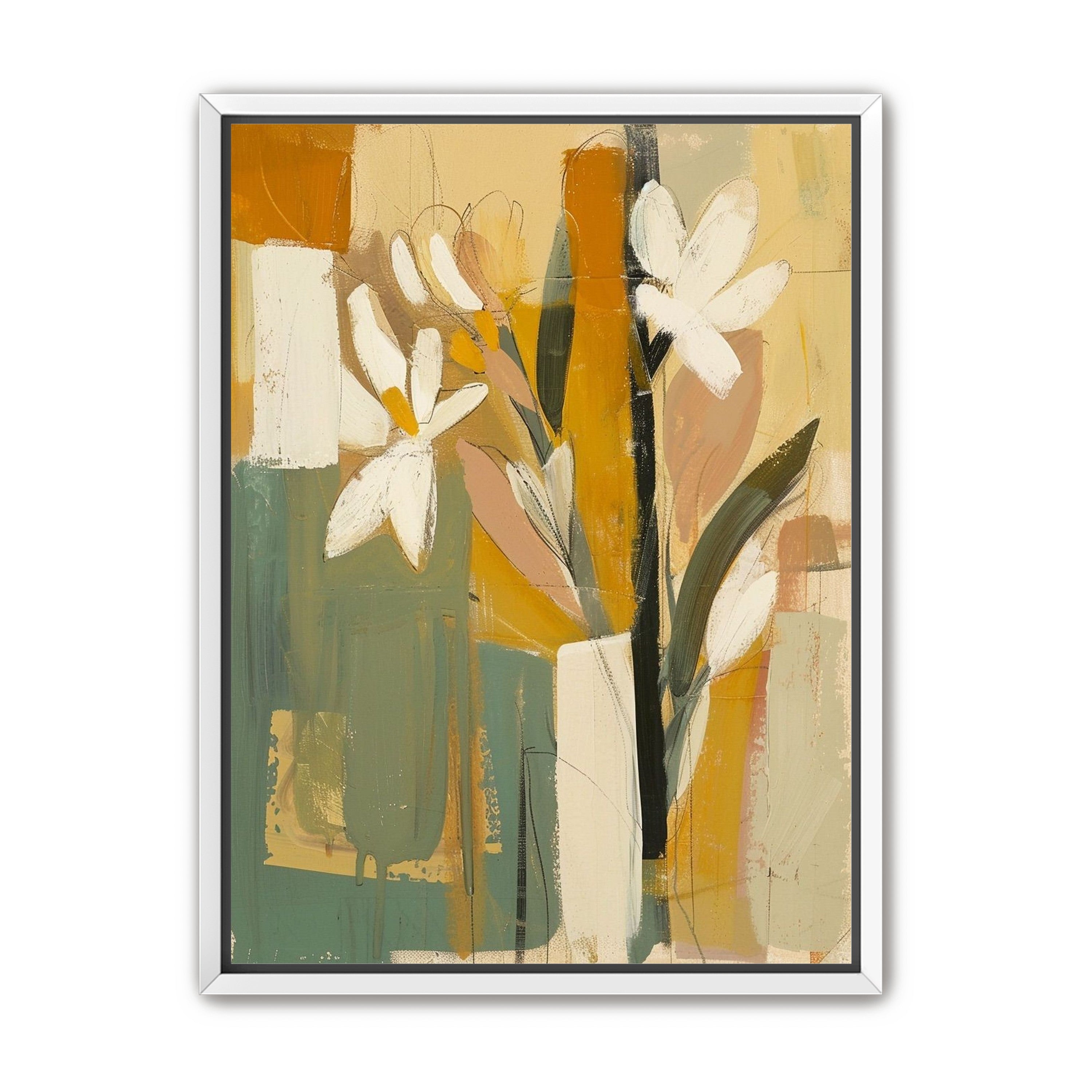 White flowers in ochre blocks