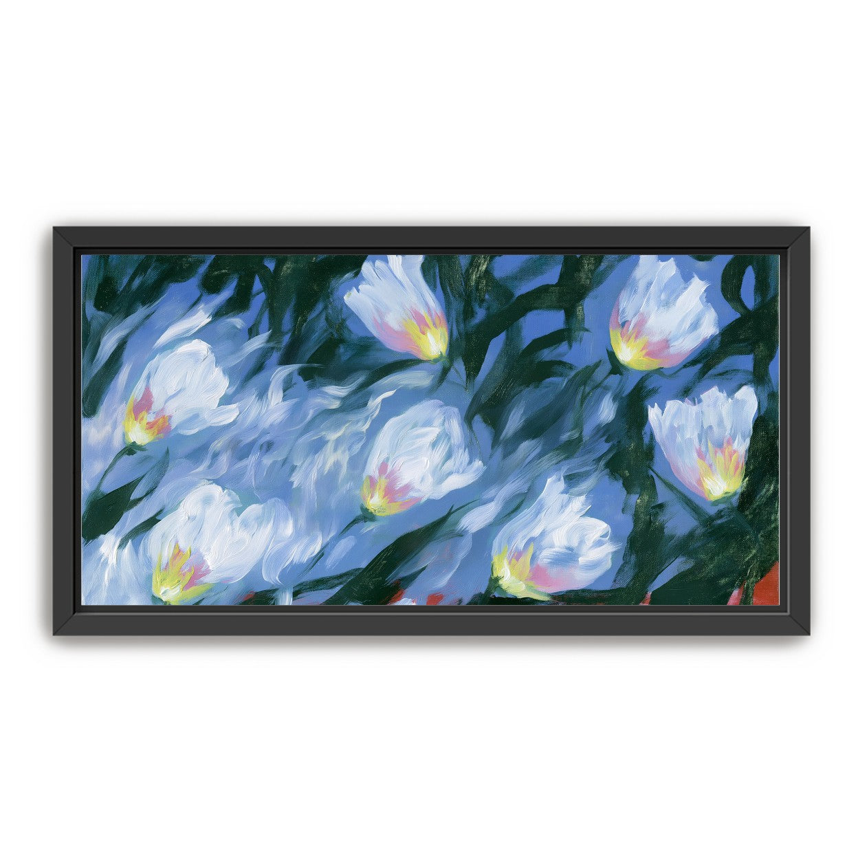 White tulips on blue ground