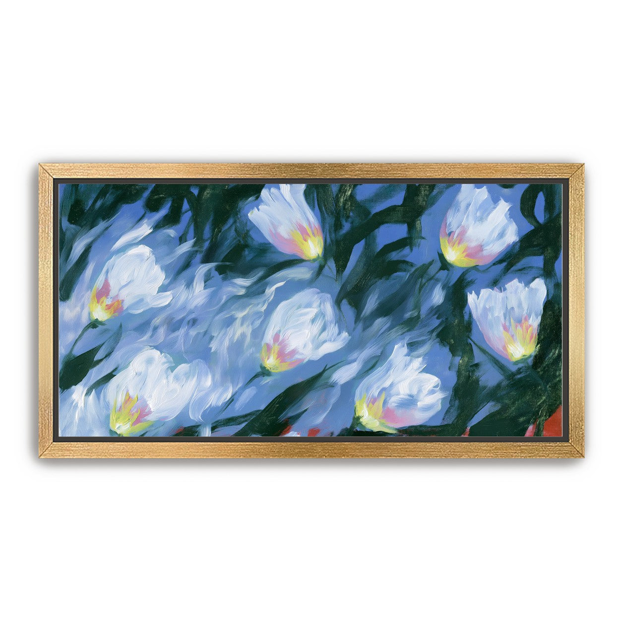 White tulips on blue ground