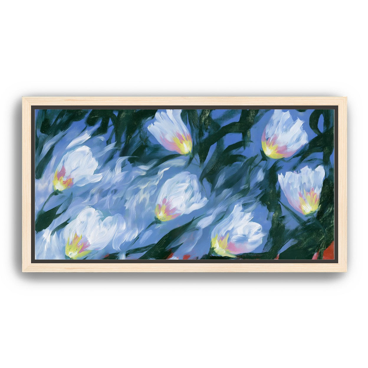 White tulips on blue ground