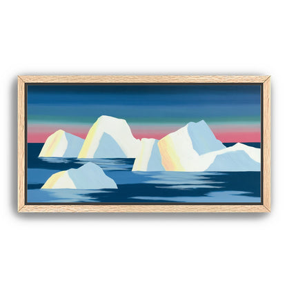 Icebergs under a pink banded sky