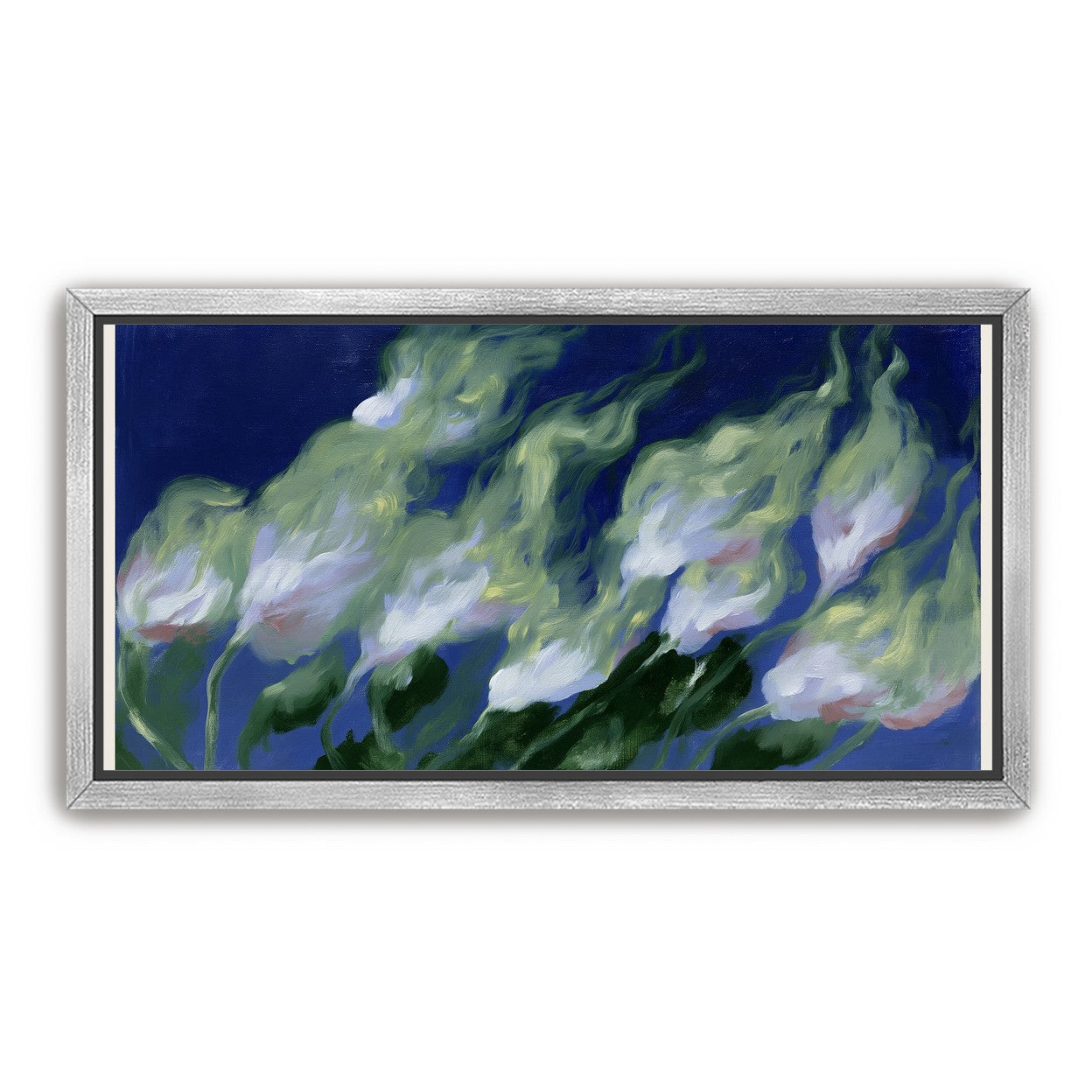 Pale flowers across blue field