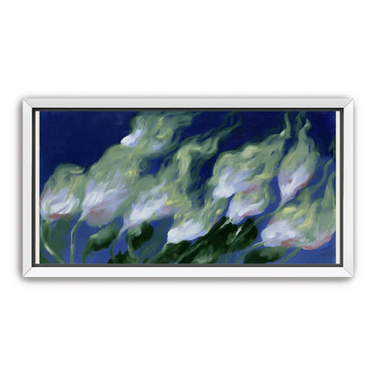 Pale flowers across blue field