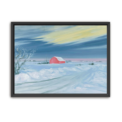 Red barn beneath winter sky