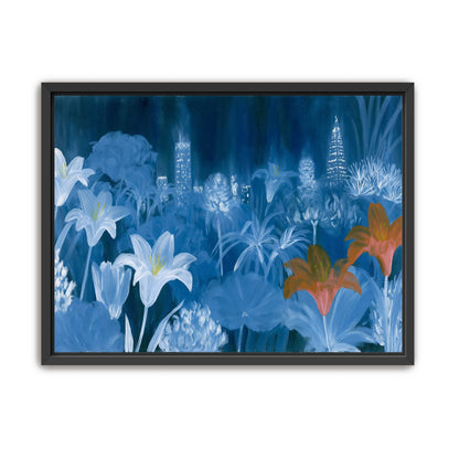 City lights behind lilies