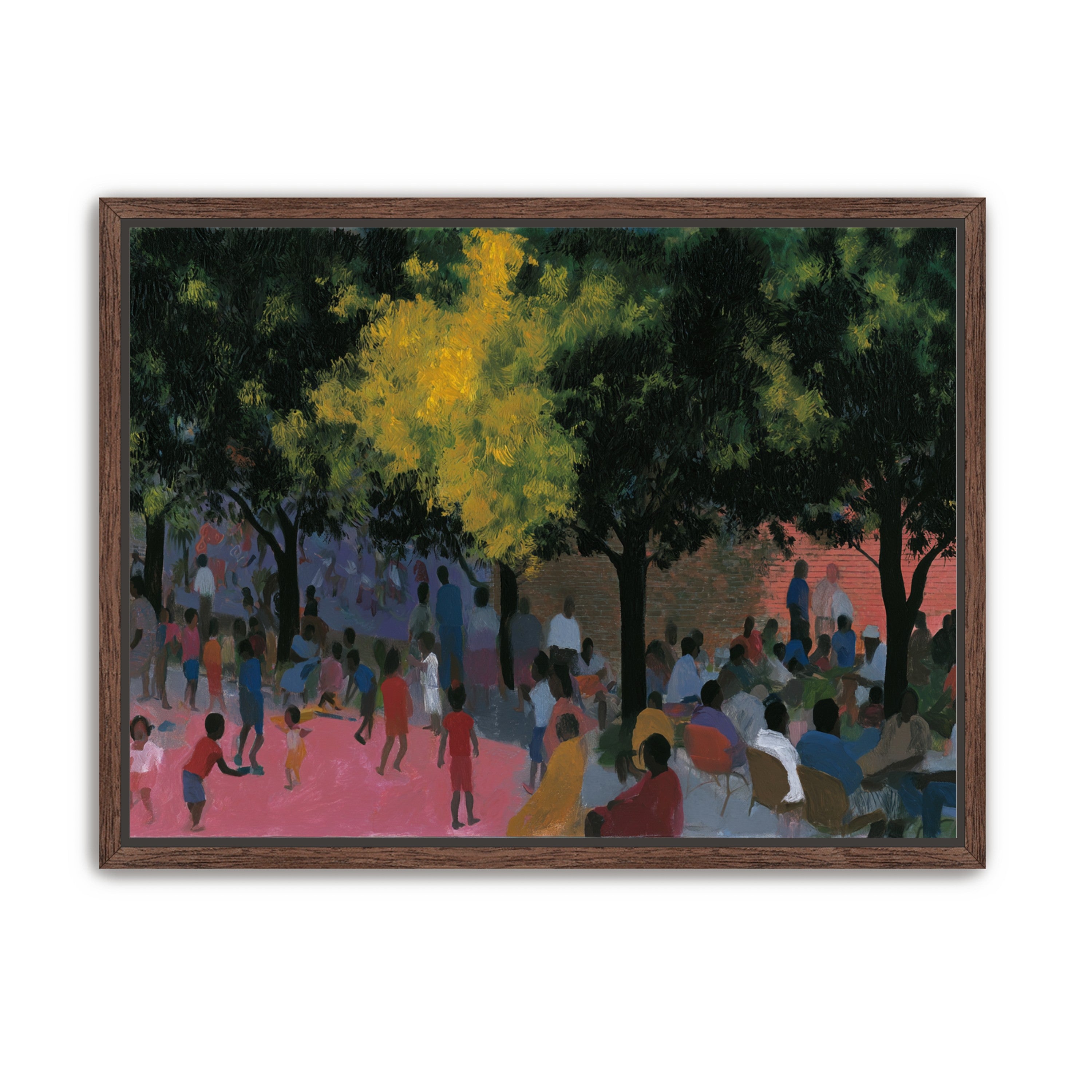 Children playing under trees