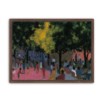Children playing under trees