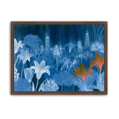 City lights behind lilies