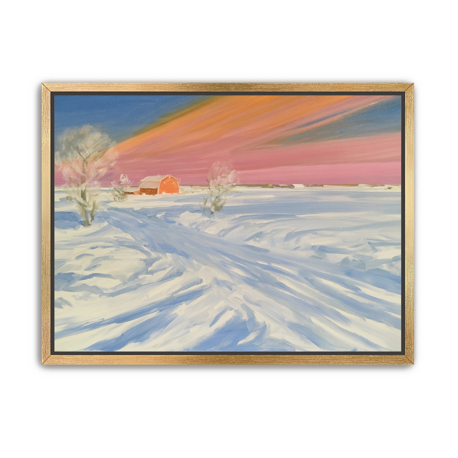 Pink sky over the red barn