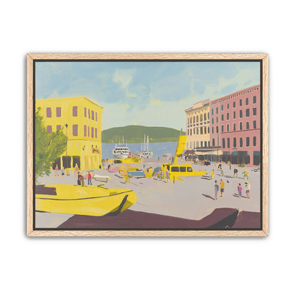 Yellow boats among pastel buildings