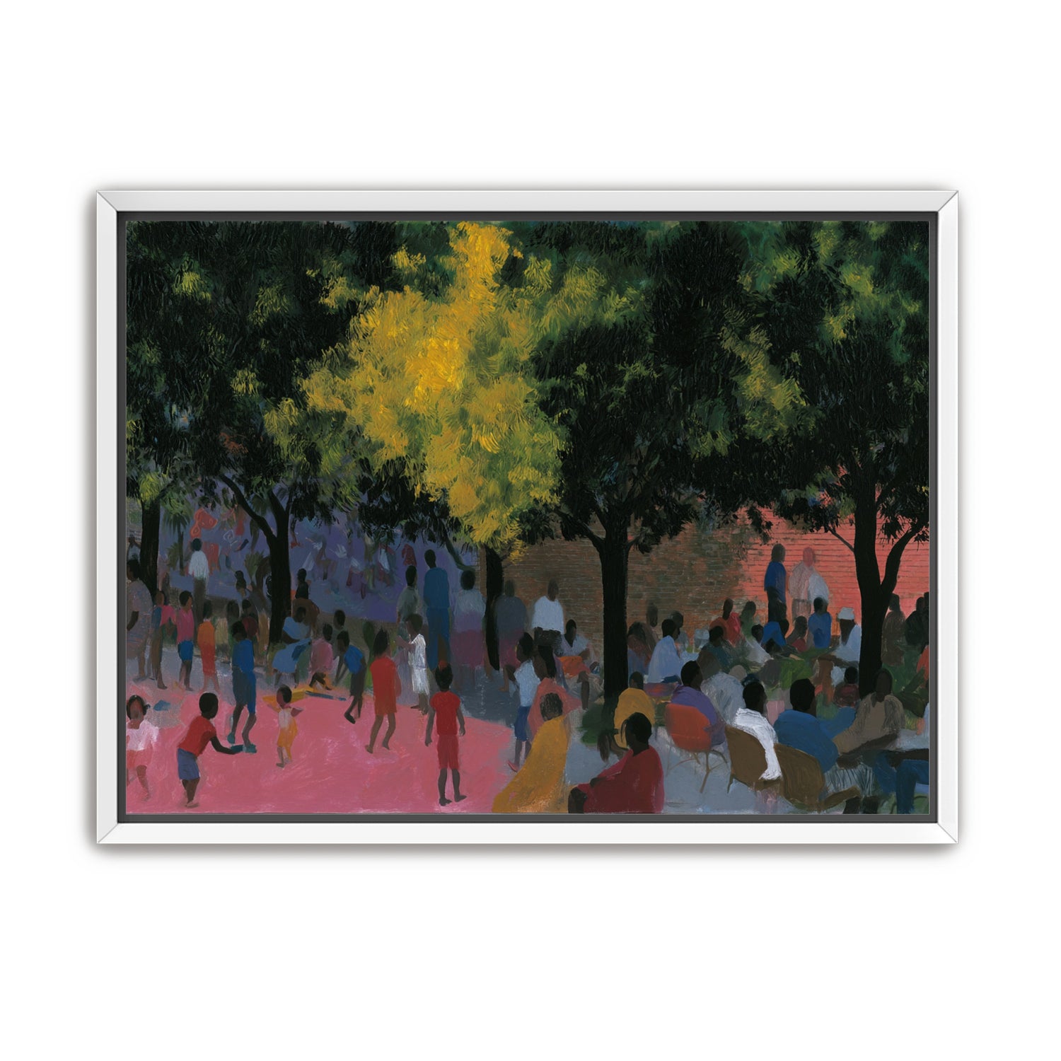 Children playing under trees