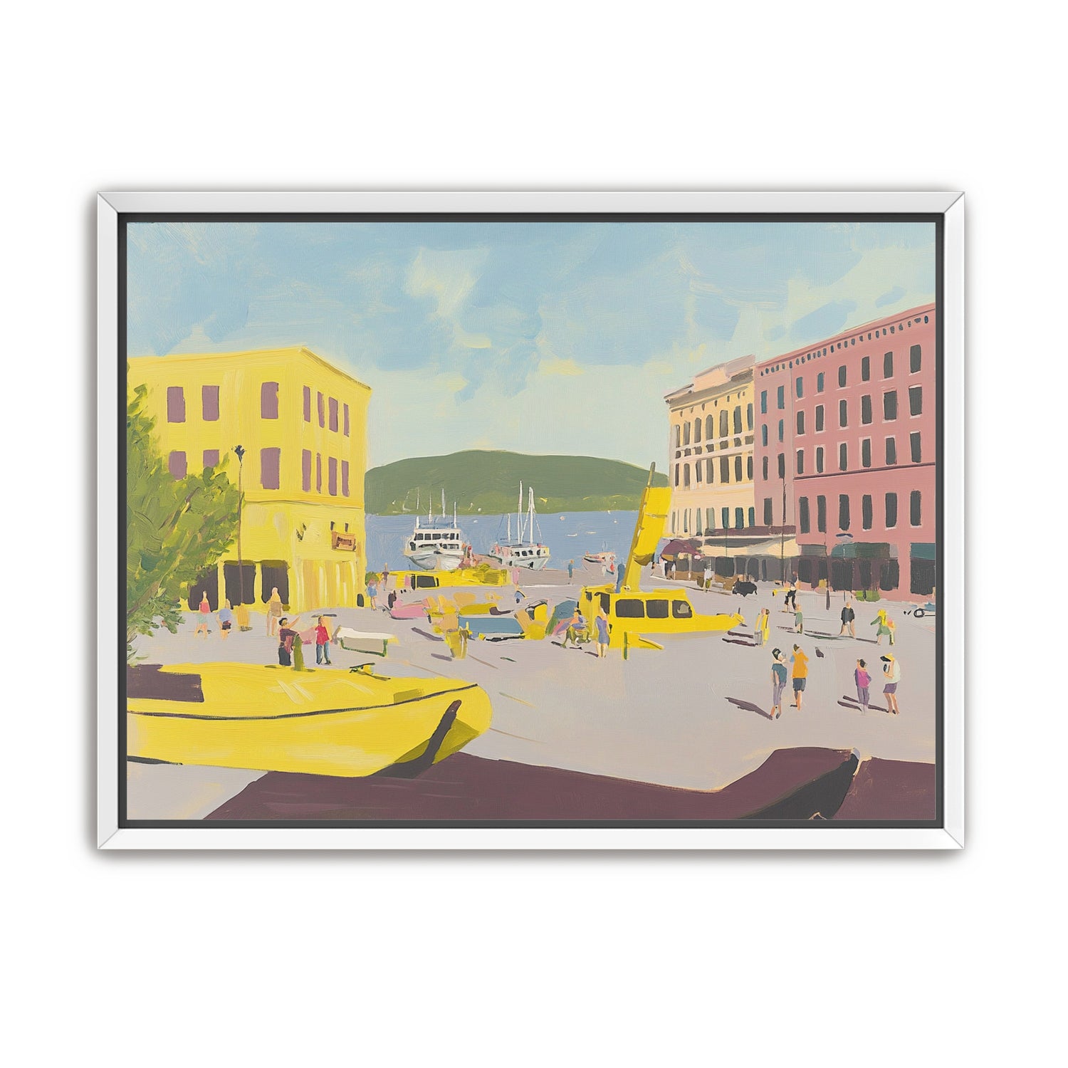 Yellow boats among pastel buildings