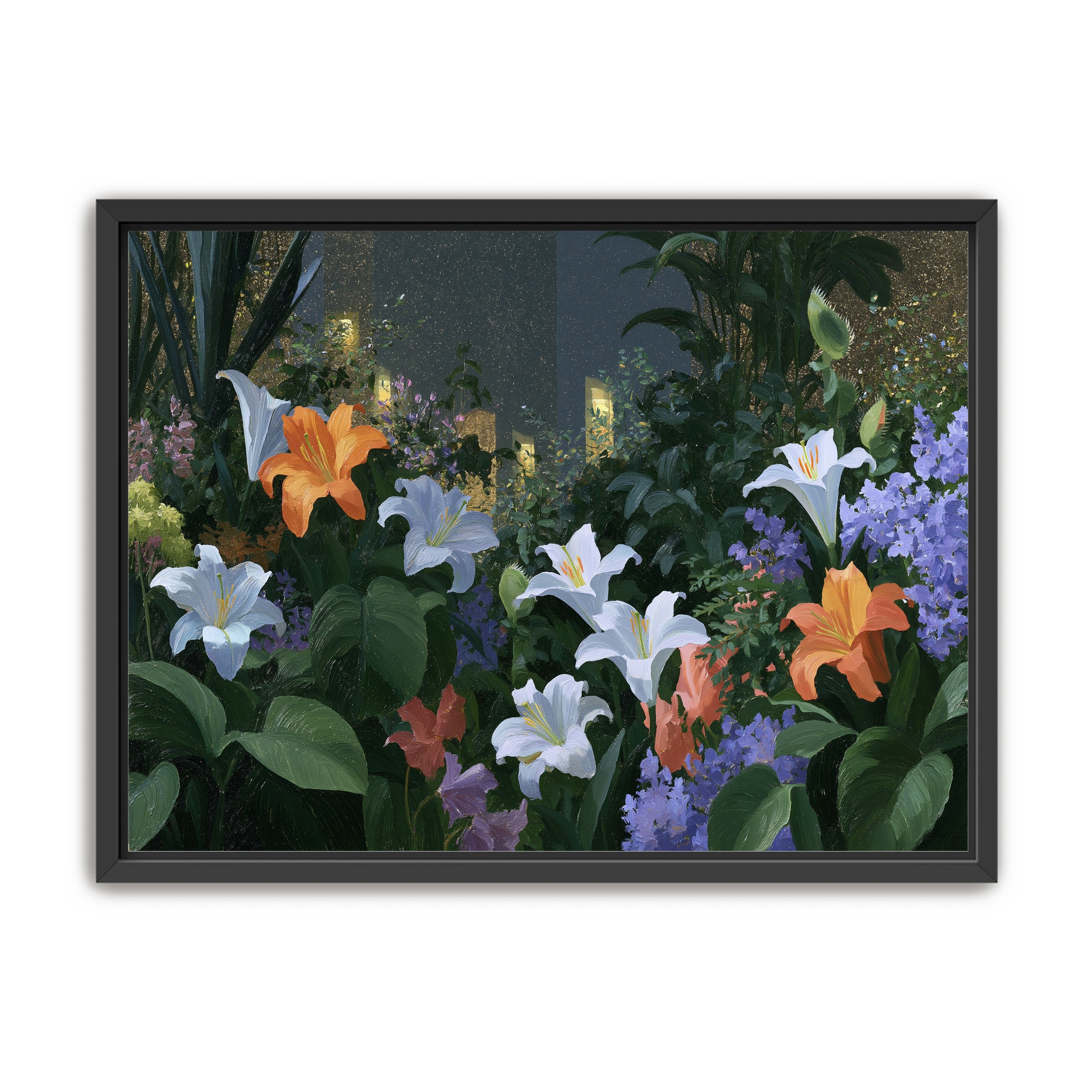 Lit windows beyond the lilies