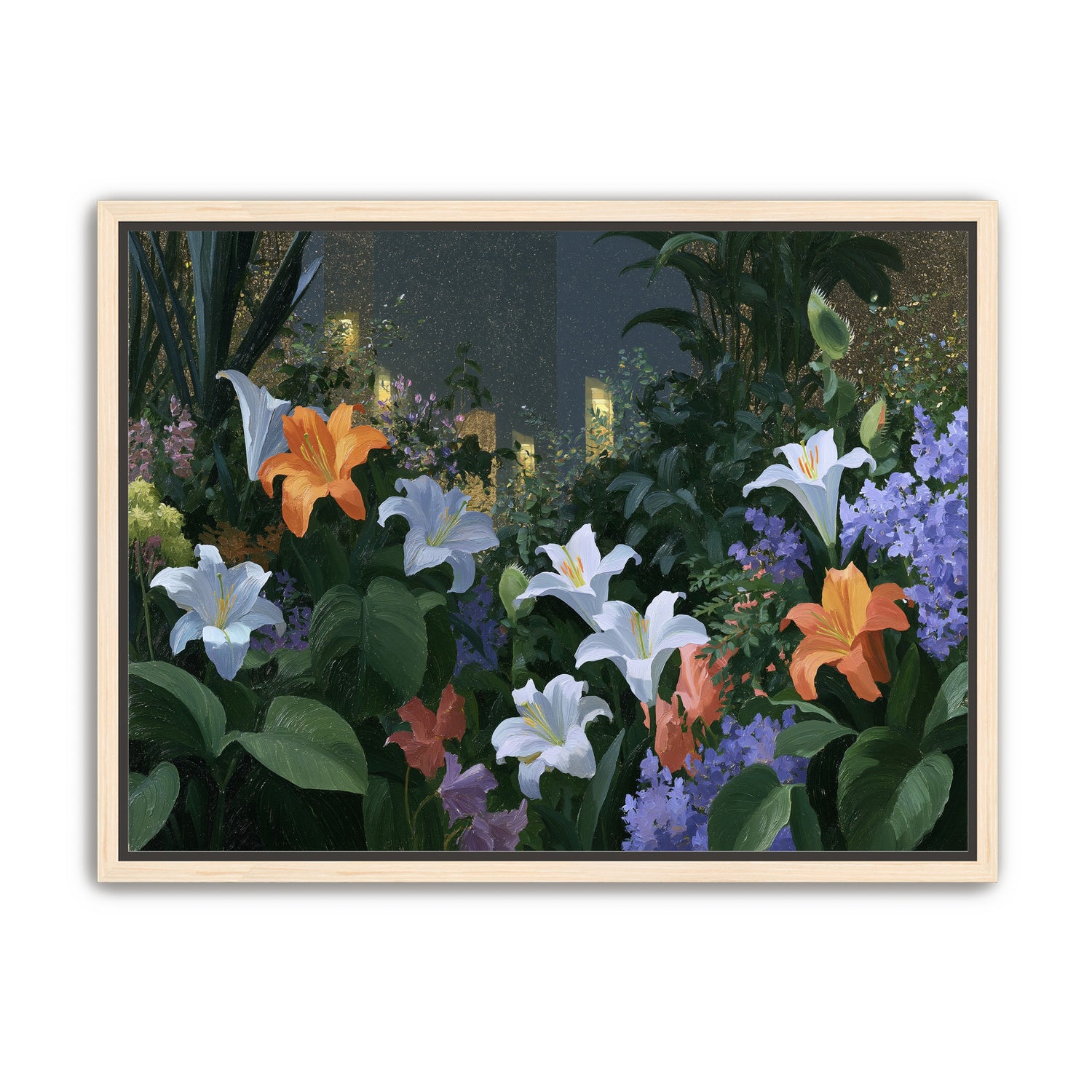Lit windows beyond the lilies