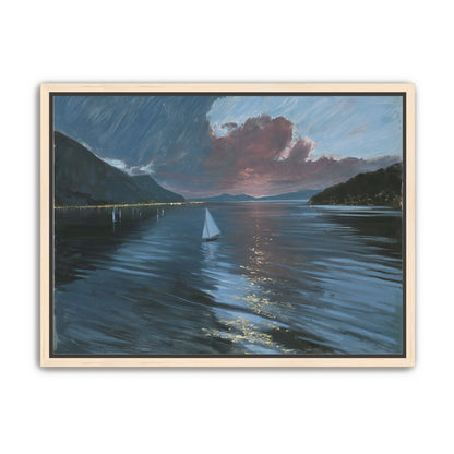 A sailboat beneath storm clouds