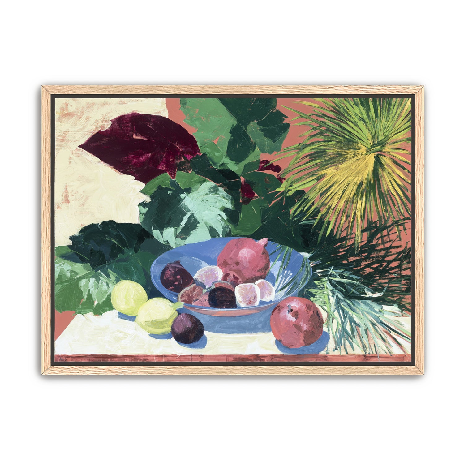 Blue bowl under palm frond