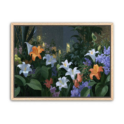 Lit windows beyond the lilies