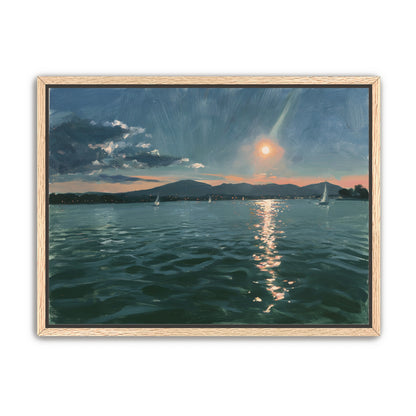 Peach sun on blue water