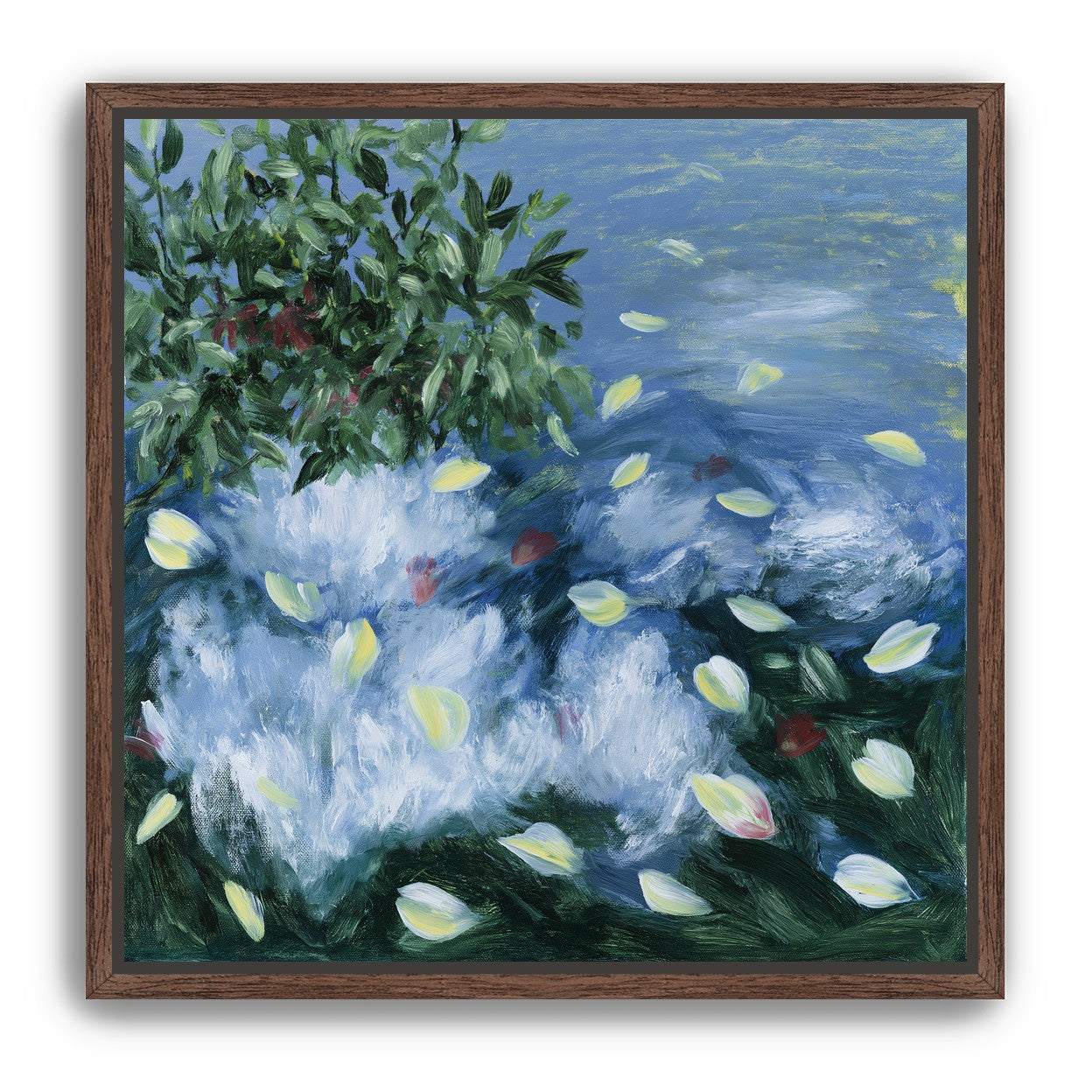 Petals across the blue water