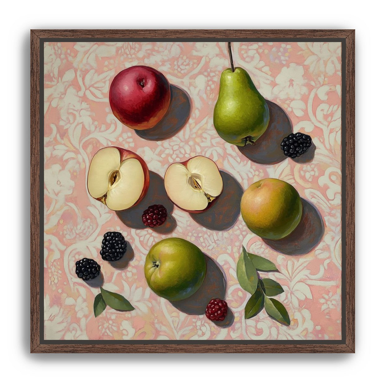 Apples, Pear, and Berries on Floral Fabric