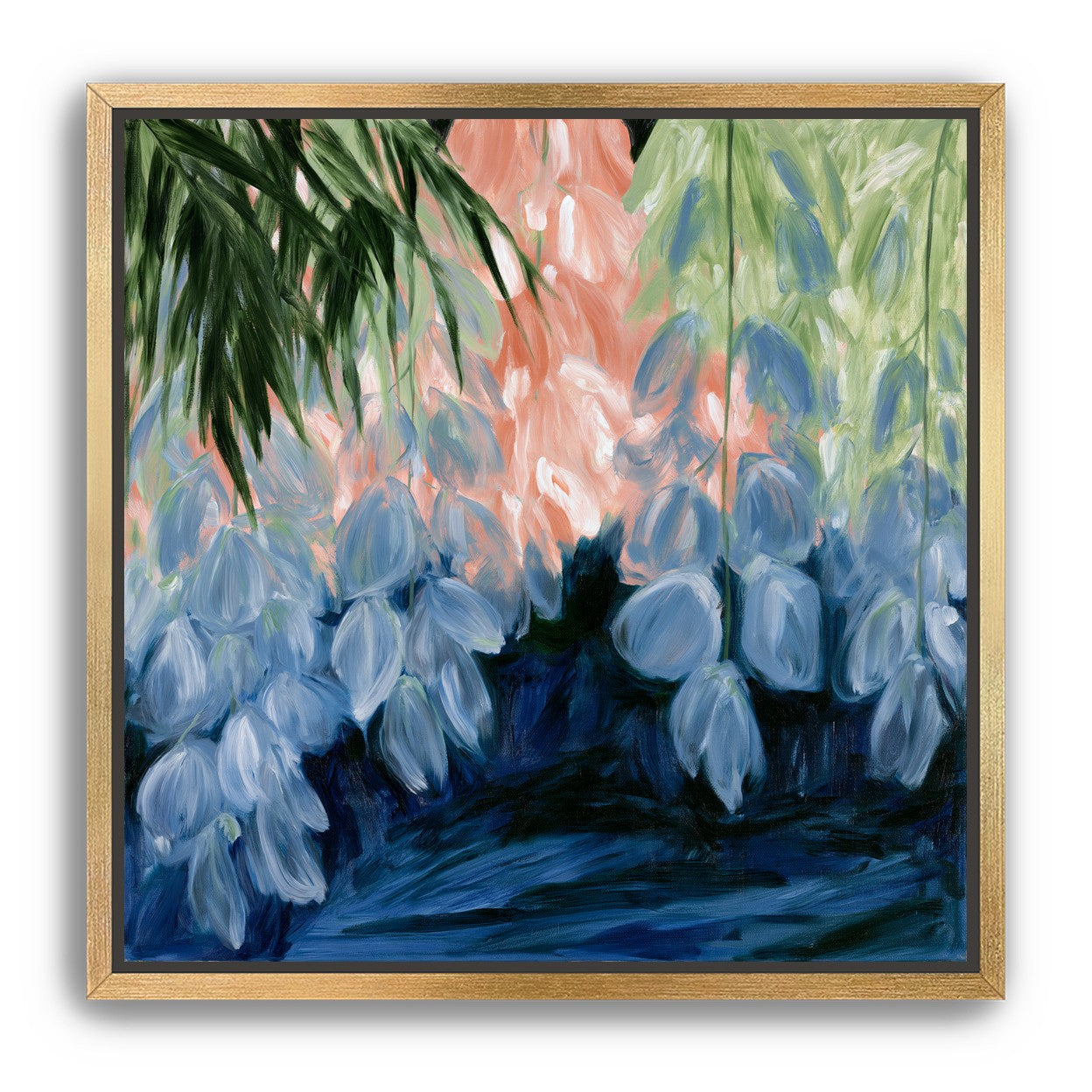 Blue flowers under green leaves
