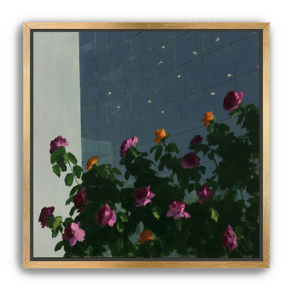 Flowers against the glass tower