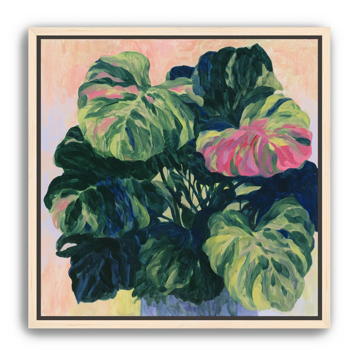 Pink light on green leaves