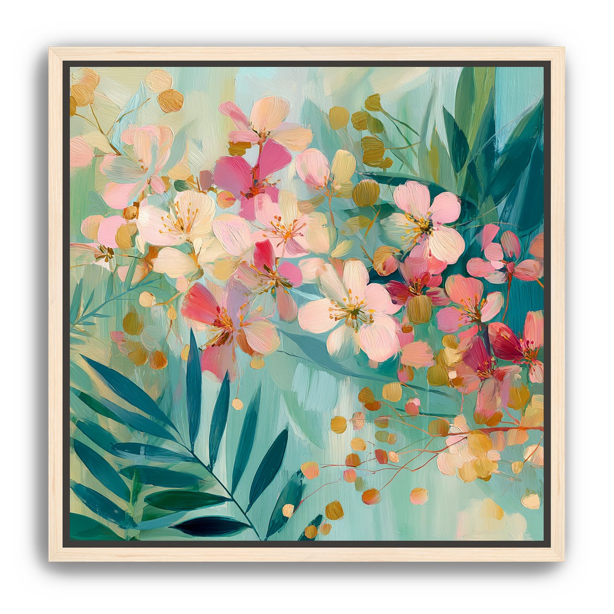 Blossoms over teal leaves