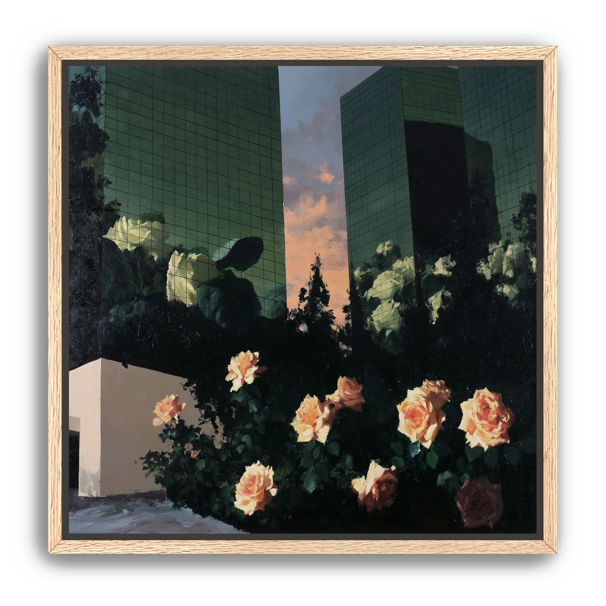 Roses under green towers