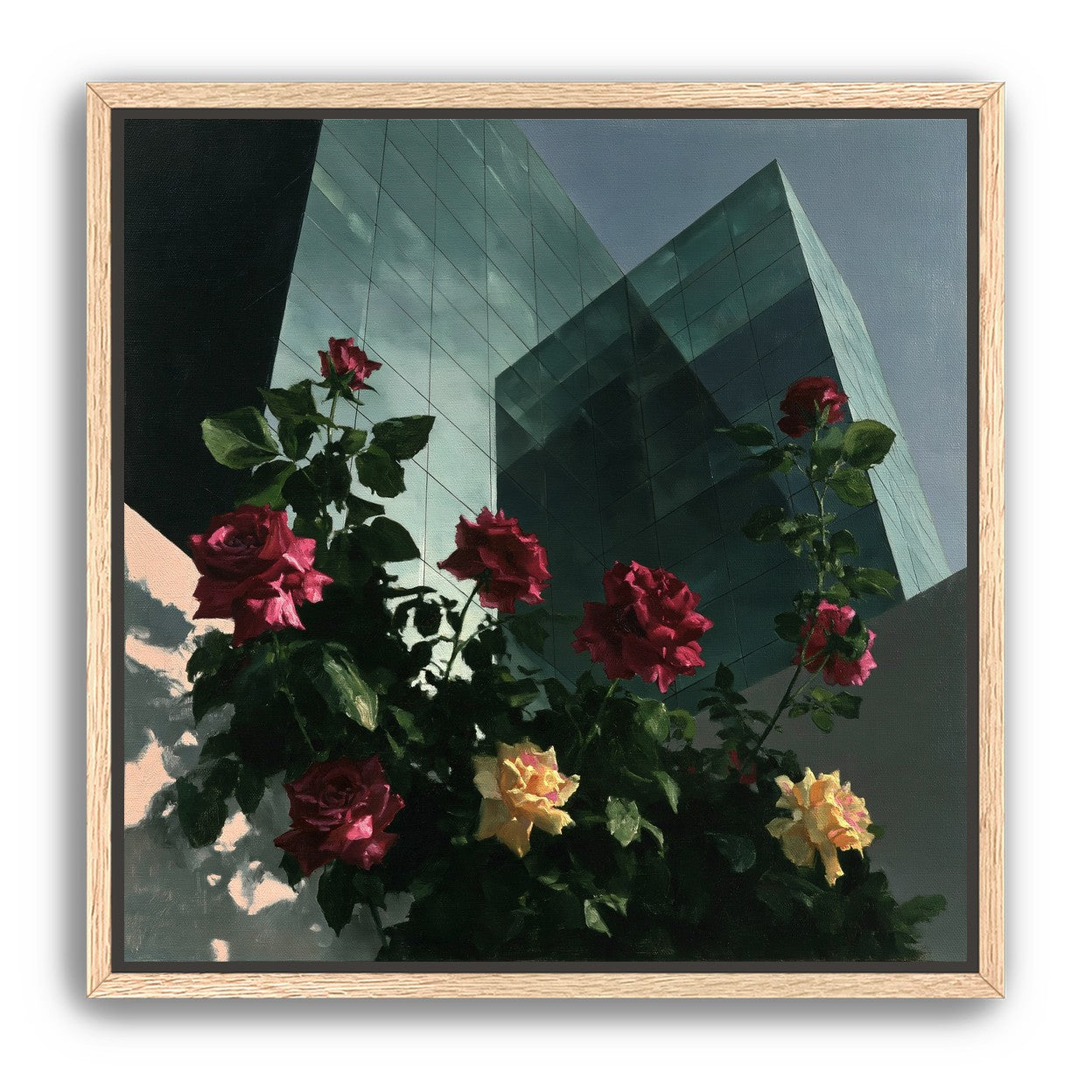 Roses against glass towers