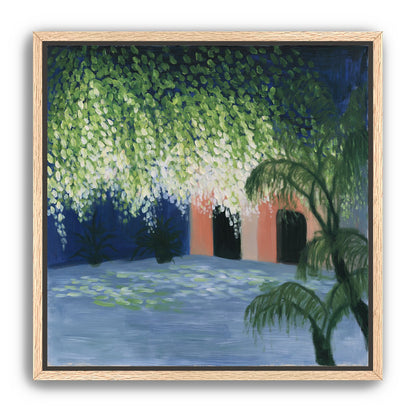 Doorway under falling blossoms