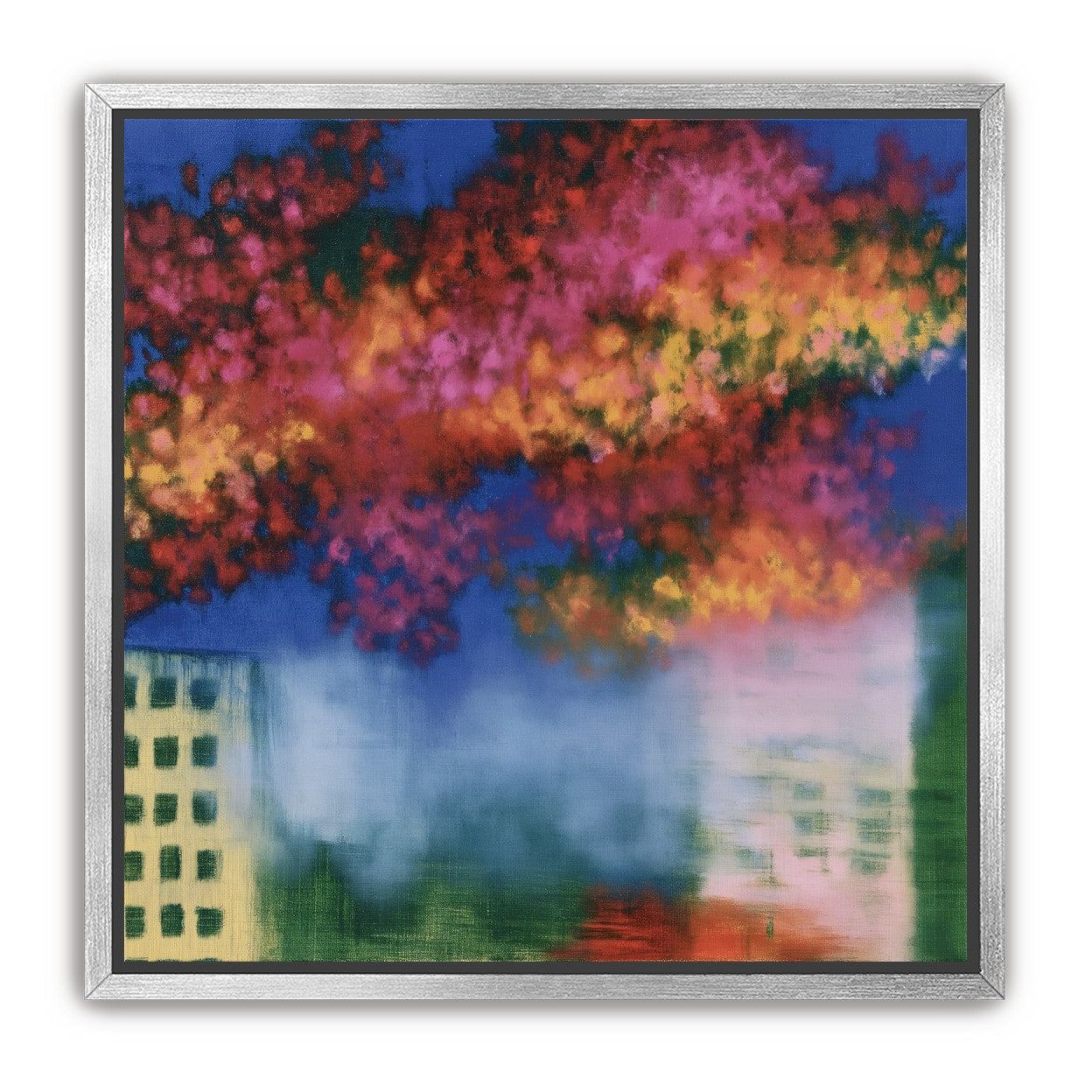 Trees above blurred windows