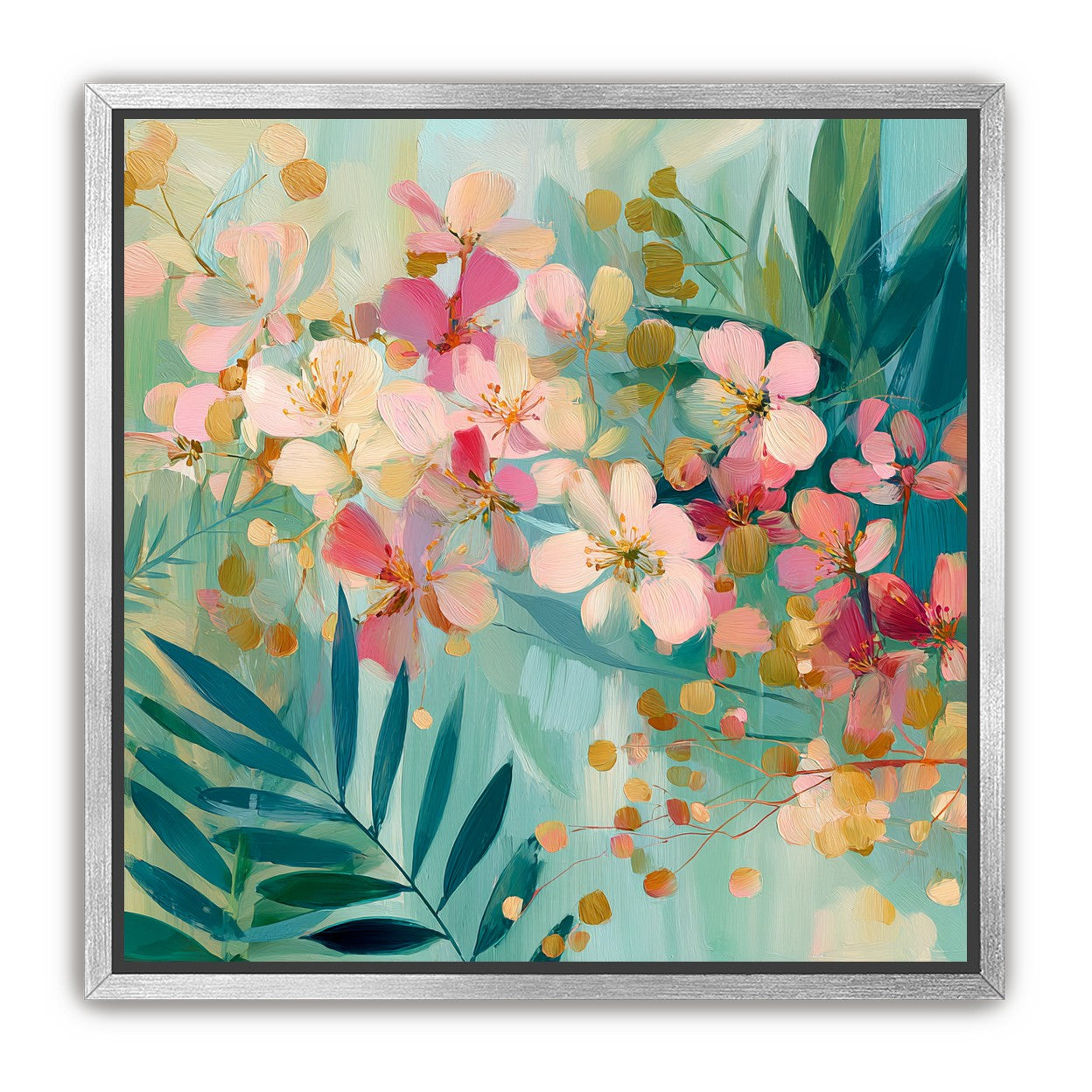 Blossoms over teal leaves