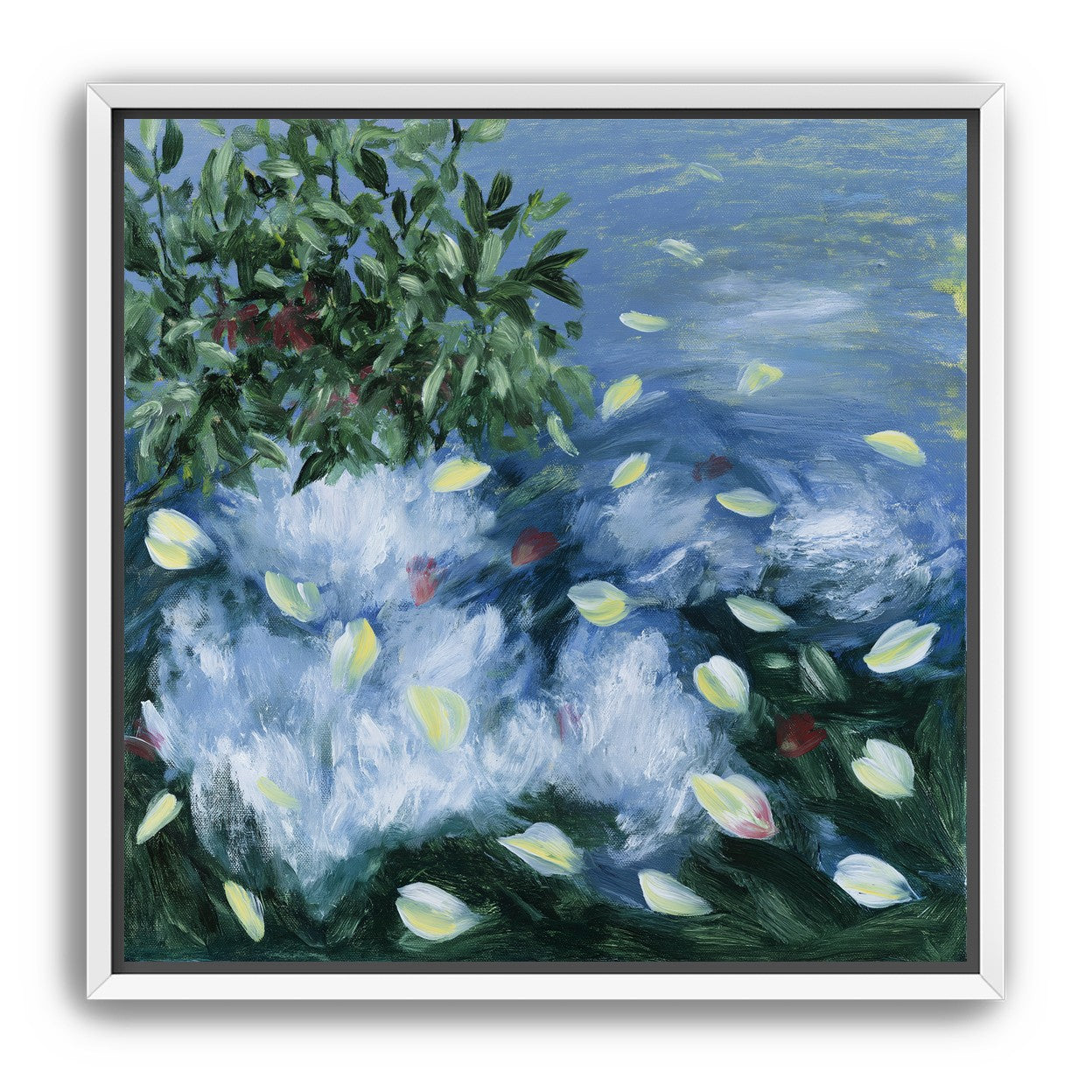 Petals across the blue water